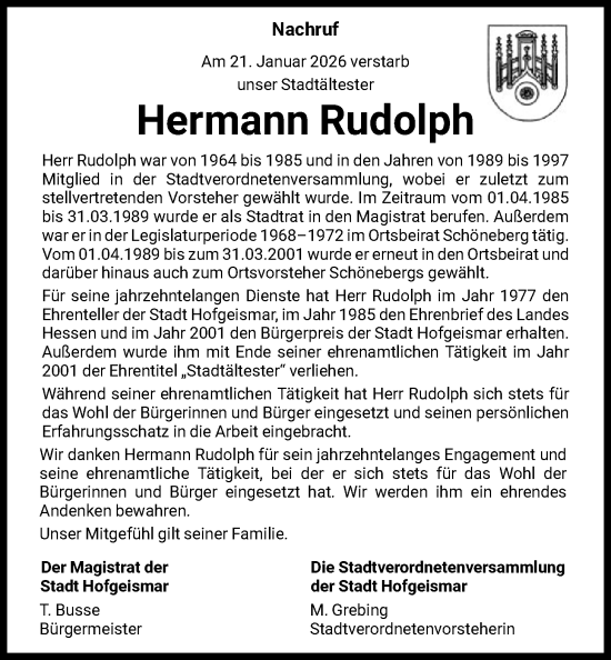 Traueranzeige von Hermann Rudolph von HNA