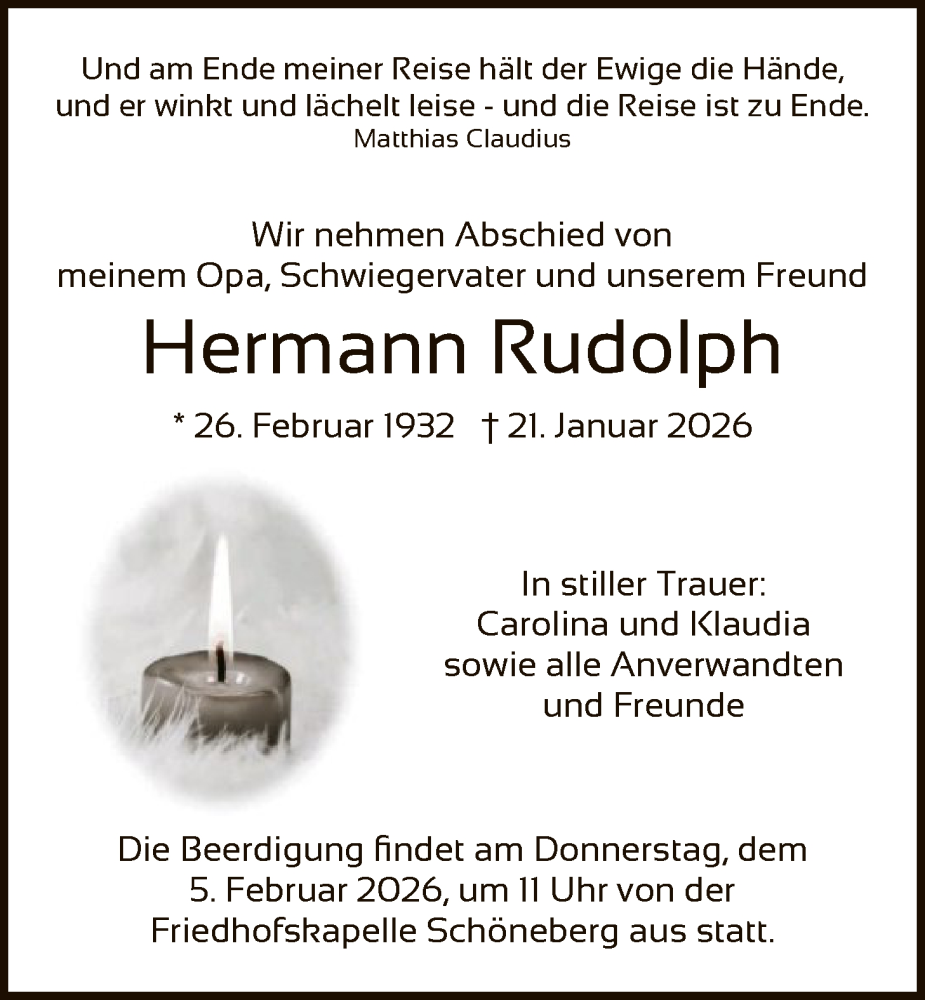  Traueranzeige für Hermann Rudolph vom 31.01.2026 aus HNA
