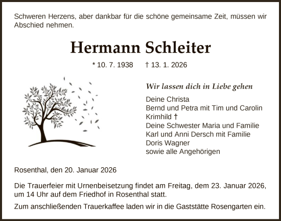 Traueranzeige von Hermann Schleiter von HNA