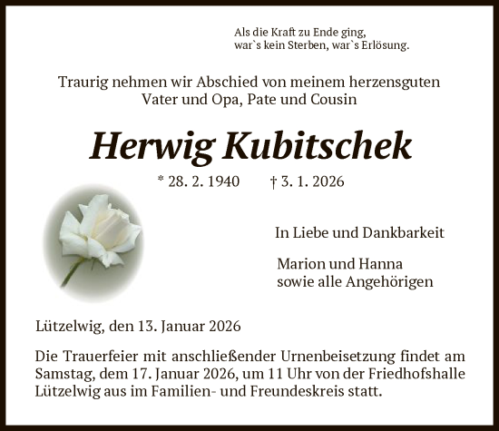 Traueranzeige von Herwig Kubitschek von HNA