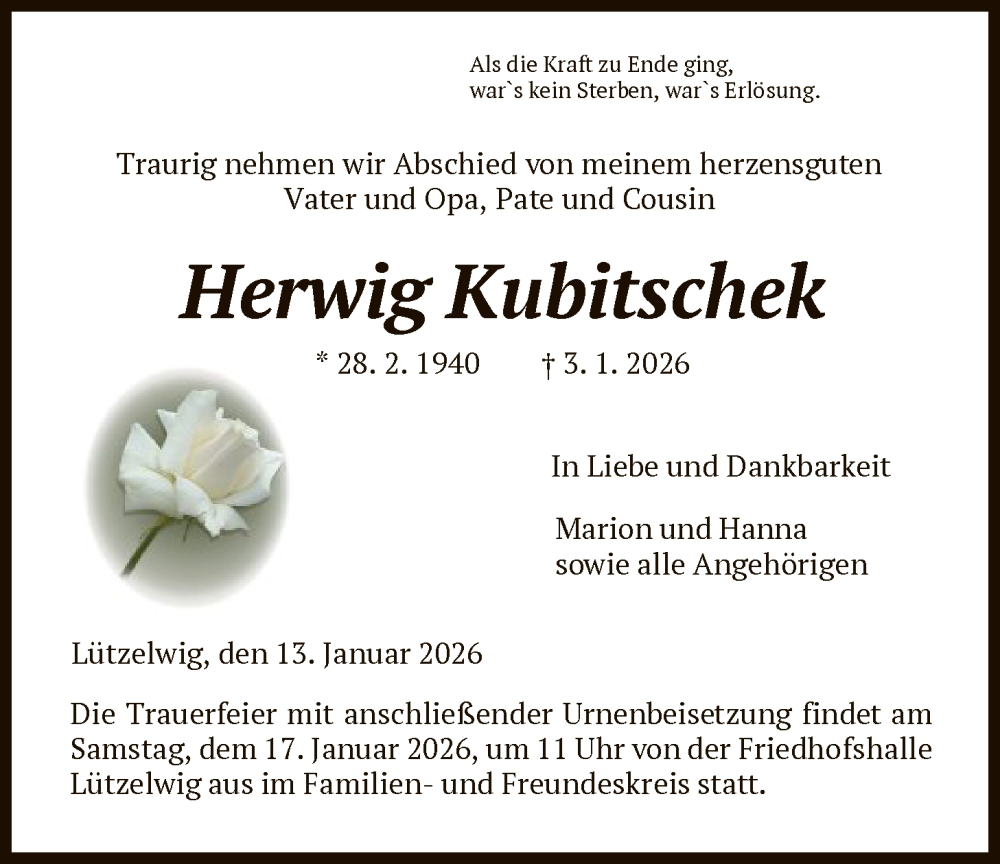  Traueranzeige für Herwig Kubitschek vom 13.01.2026 aus HNA
