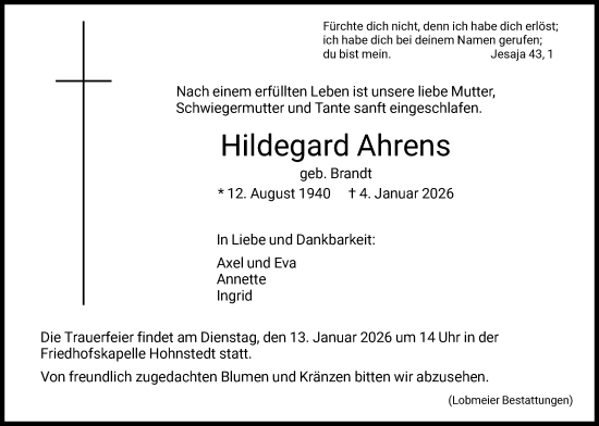 Traueranzeige von Hildegard Ahrens von HNA