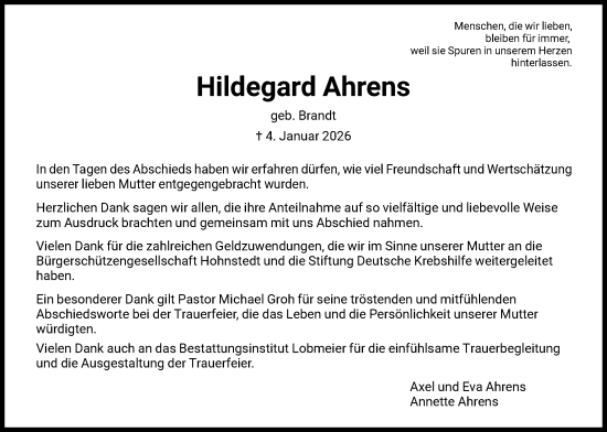Traueranzeige von Hildegard Ahrens von HNA