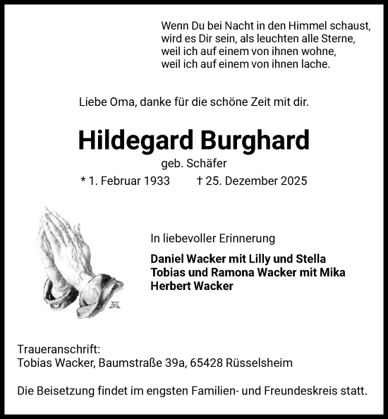 Traueranzeige von Hildegard Burghard von HNA