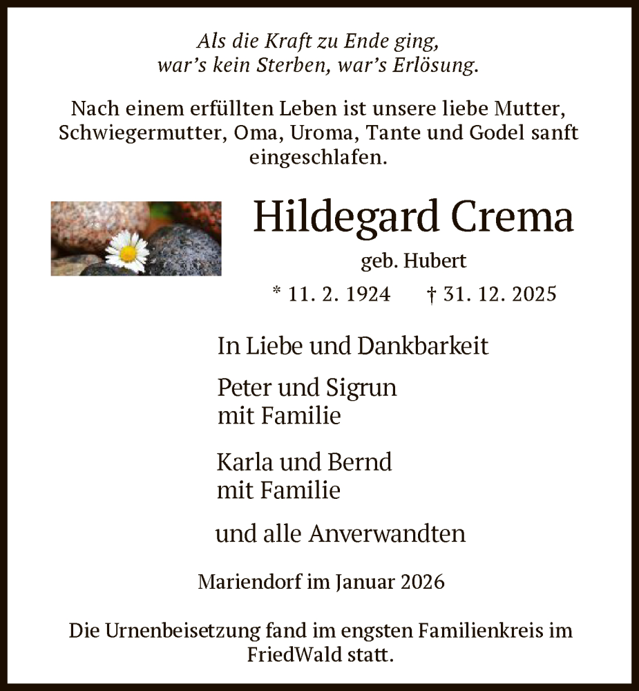  Traueranzeige für Hildegard Crema vom 17.01.2026 aus HNHNA