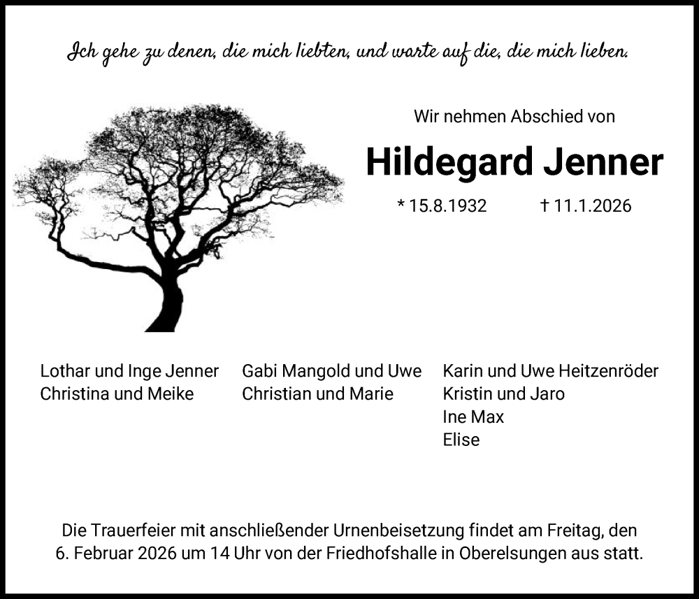  Traueranzeige für Hildegard Jenner vom 31.01.2026 aus HNA