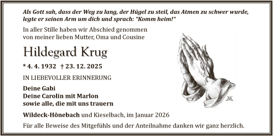 Traueranzeige von Hildegard Krug von HNA