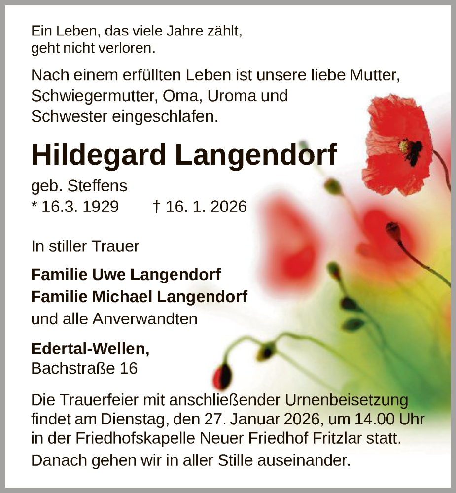  Traueranzeige für Hildegard Langendorf vom 24.01.2026 aus WLZHNA