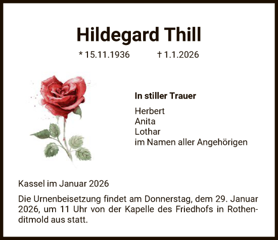 Traueranzeige von Hildegard Thill von HNA