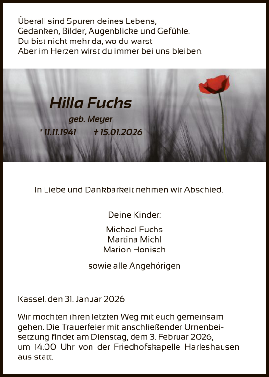 Traueranzeige von Hilla Fuchs von HNA