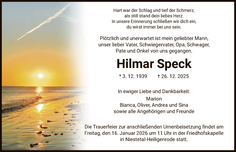  Traueranzeige für Hilmar Speck vom 10.01.2026 aus HNA