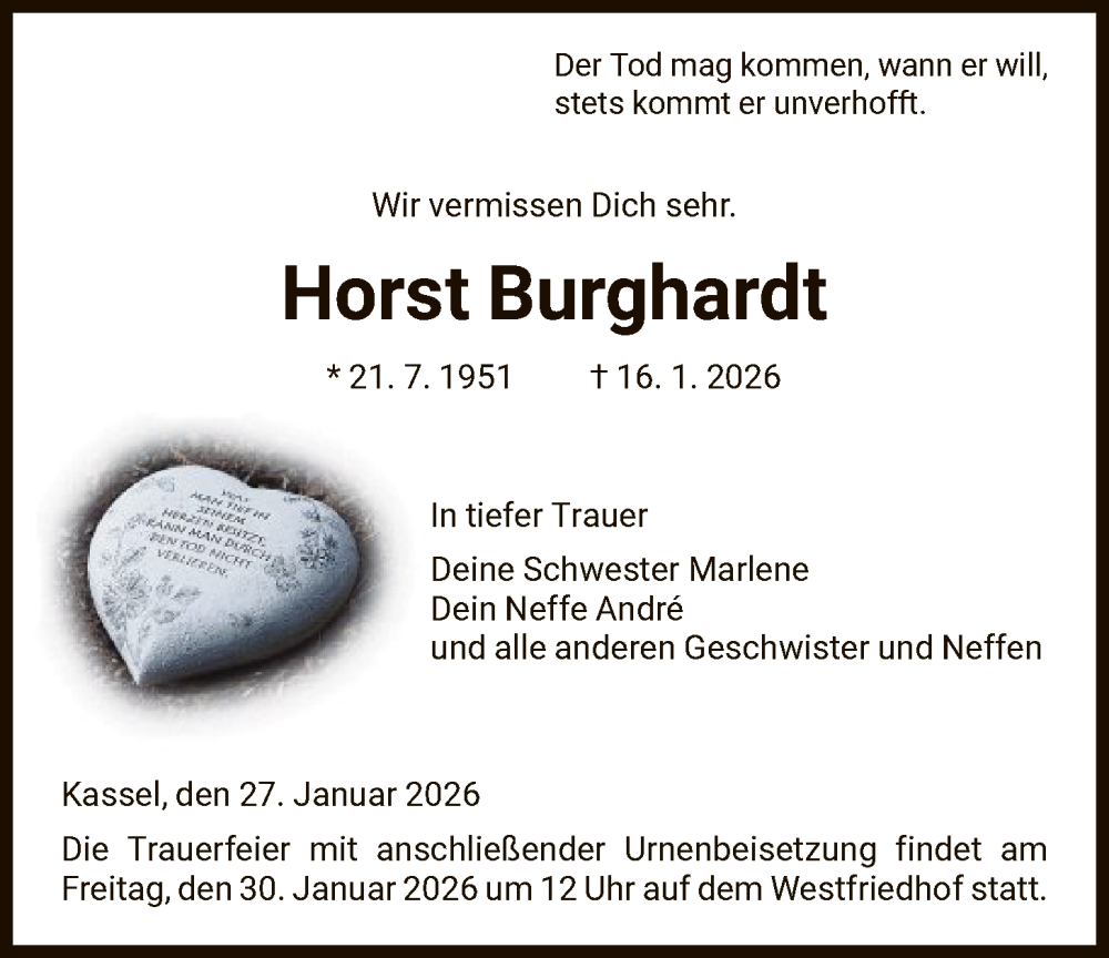  Traueranzeige für Horst Burghardt vom 27.01.2026 aus HNA