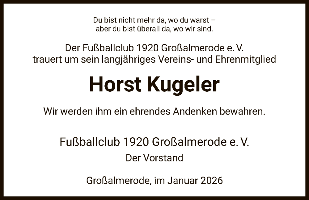  Traueranzeige für Horst Kugeler vom 29.01.2026 aus HNA