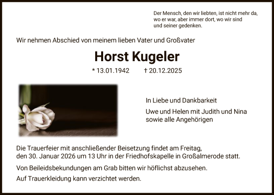 Traueranzeige von Horst Kugeler von HNA
