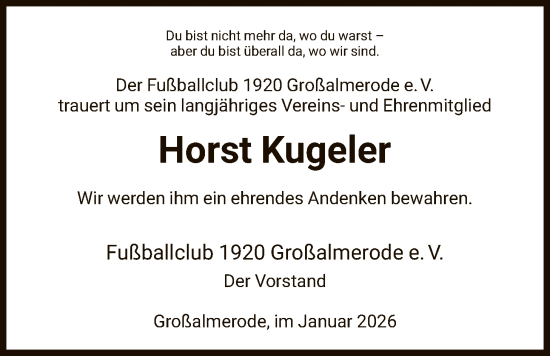 Traueranzeige von Horst Kugeler von HNA