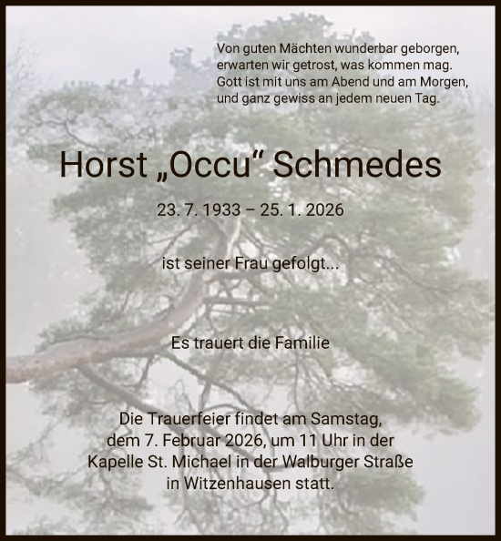 Traueranzeige von Horst Schmedes von HNA