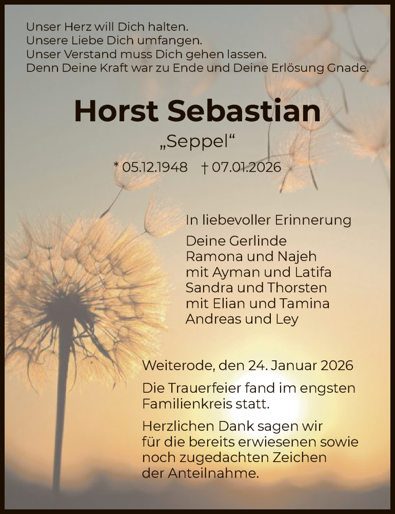 Traueranzeige für Horst Sebastian vom 24.01.2026 aus HNAHN