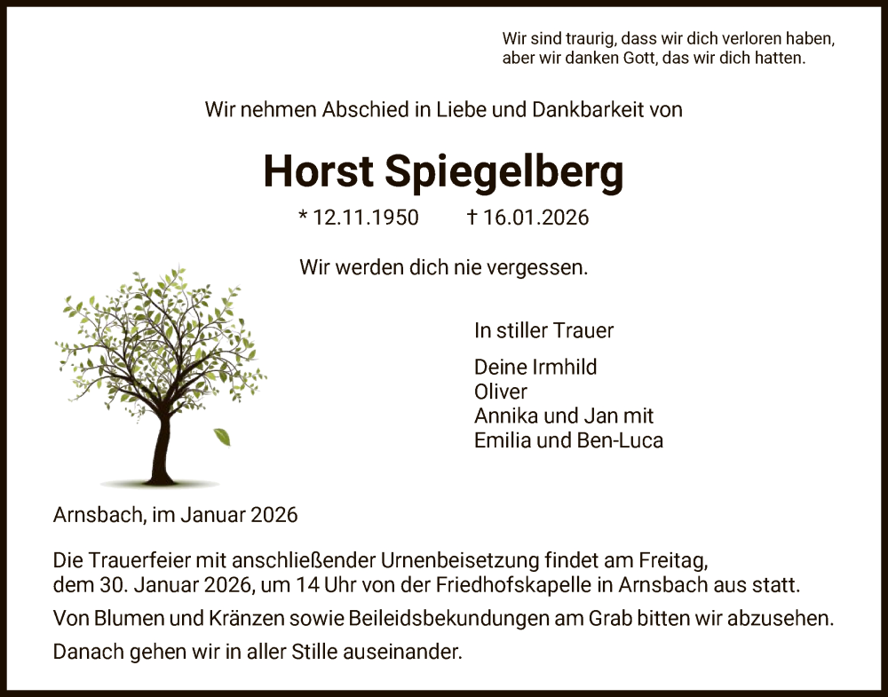  Traueranzeige für Horst Spiegelberg vom 24.01.2026 aus HNA