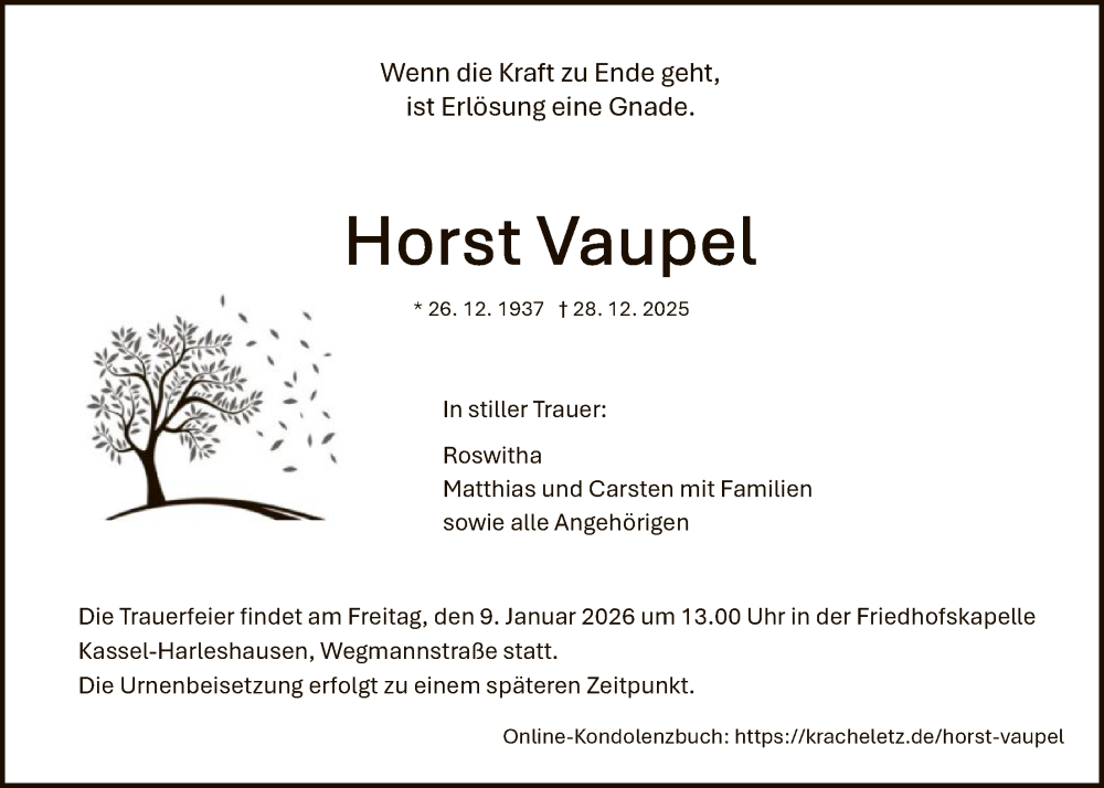  Traueranzeige für Horst Vaupel vom 03.01.2026 aus HNA