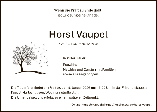 Traueranzeige von Horst Vaupel von HNA