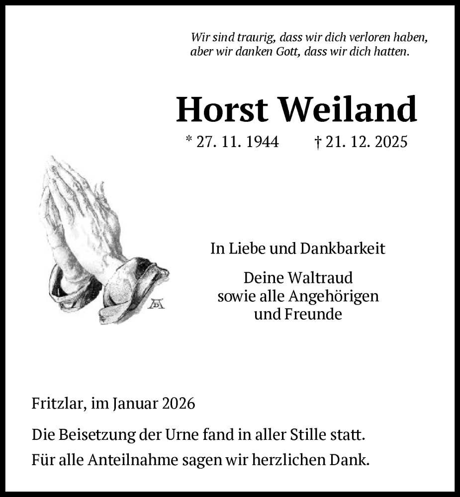  Traueranzeige für Horst Weiland vom 10.01.2026 aus HNA