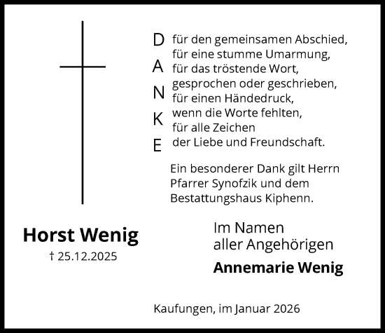 Traueranzeige von Horst Wenig von HNA