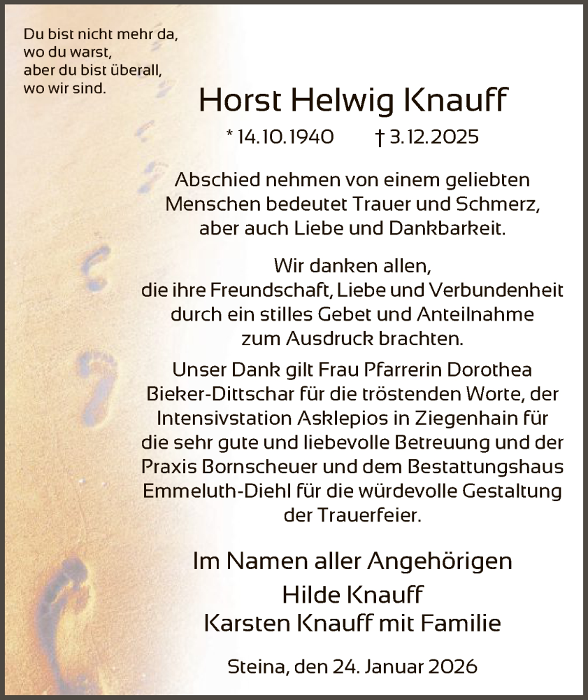  Traueranzeige für Horst Helwig Knauff vom 24.01.2026 aus HNA