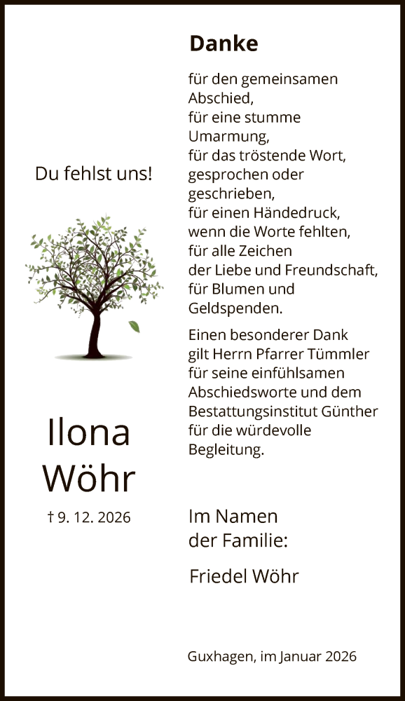  Traueranzeige für Ilona Wöhr vom 17.01.2026 aus HNA