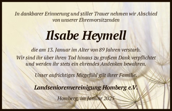 Traueranzeige von Ilsabe Heymell von HNA