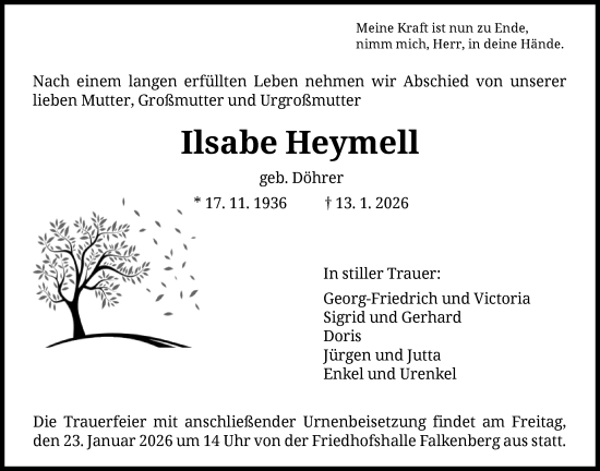Traueranzeige von Ilsabe Heymell von HNAHNA