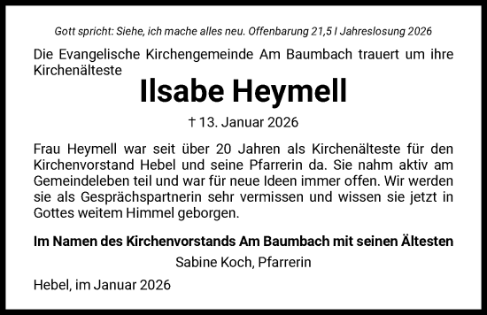 Traueranzeige von Ilsabe Heymell von HNA