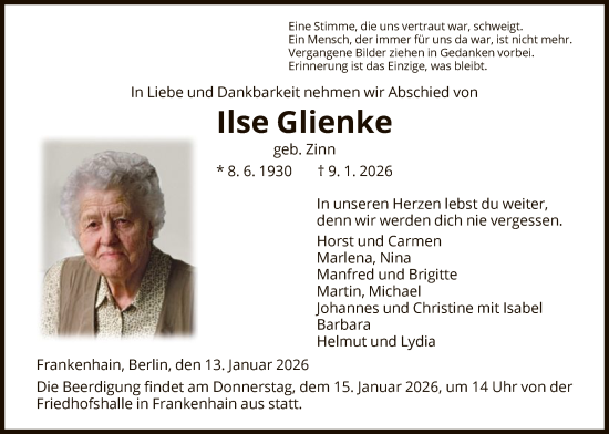 Traueranzeige von Ilse Glienke von HNAHNA