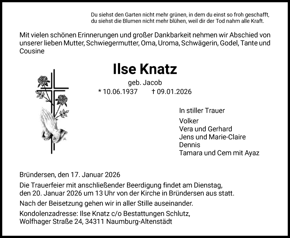 Traueranzeige für Ilse Knatz vom 17.01.2026 aus HNA