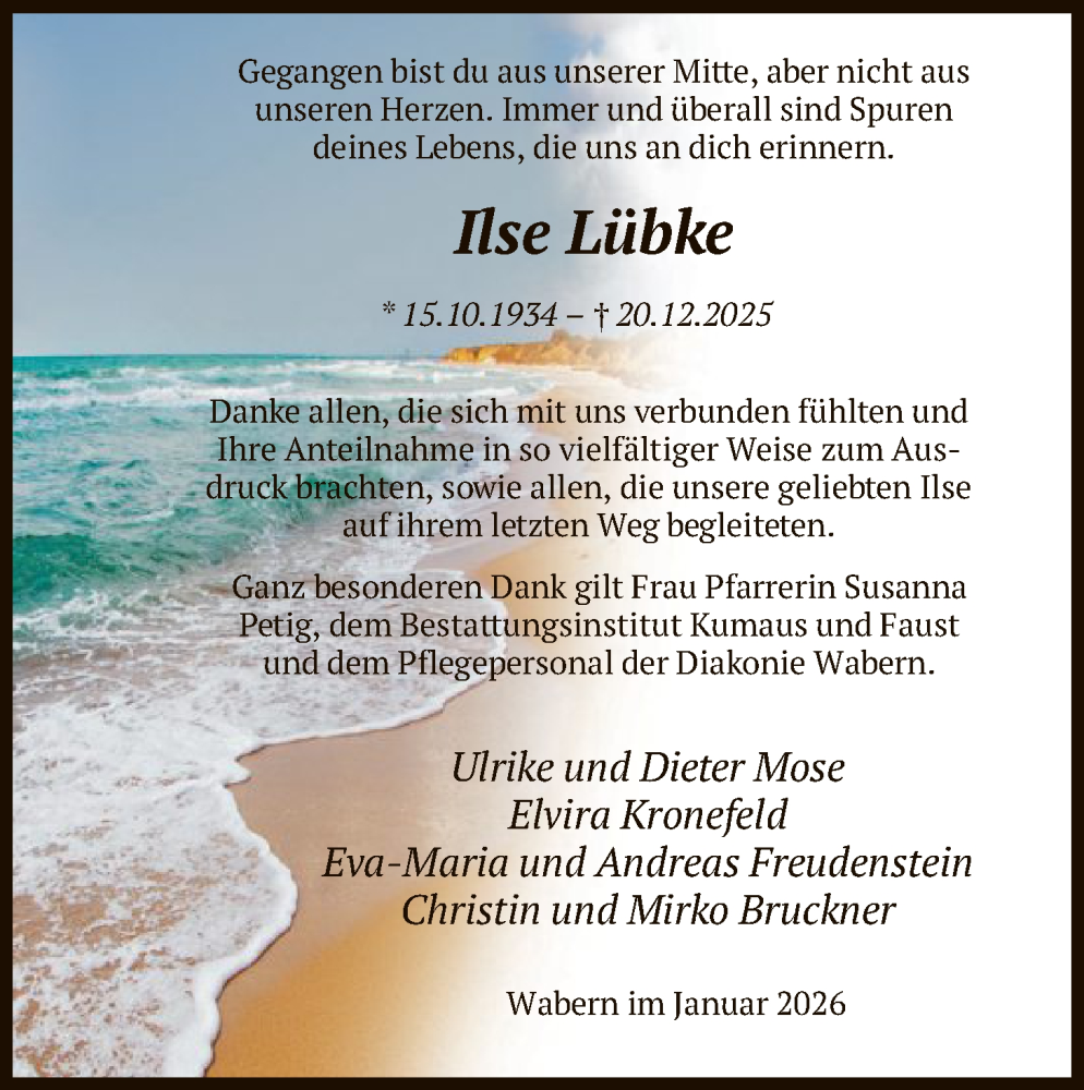  Traueranzeige für Ilse Lübke vom 24.01.2026 aus HNA