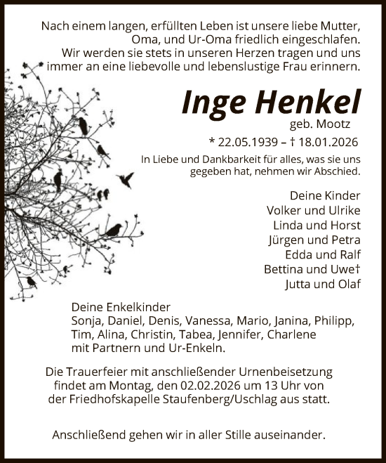 Traueranzeige von Inge Henkel von HNA