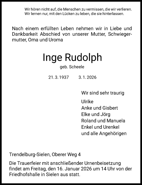 Traueranzeige von Inge Rudolph von HNA