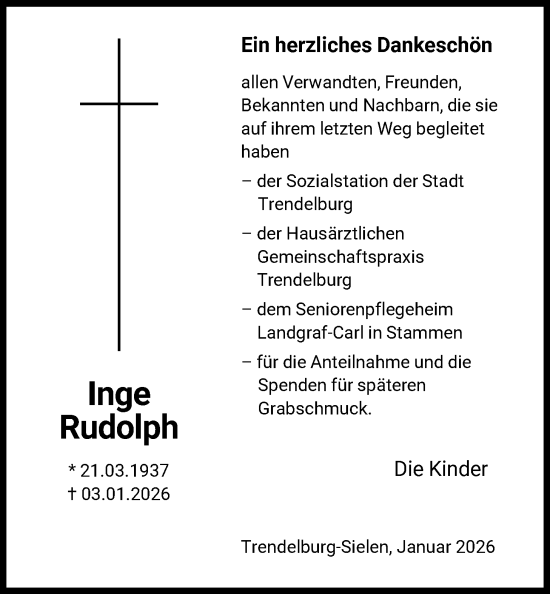 Traueranzeige von Inge Rudolph von HNA