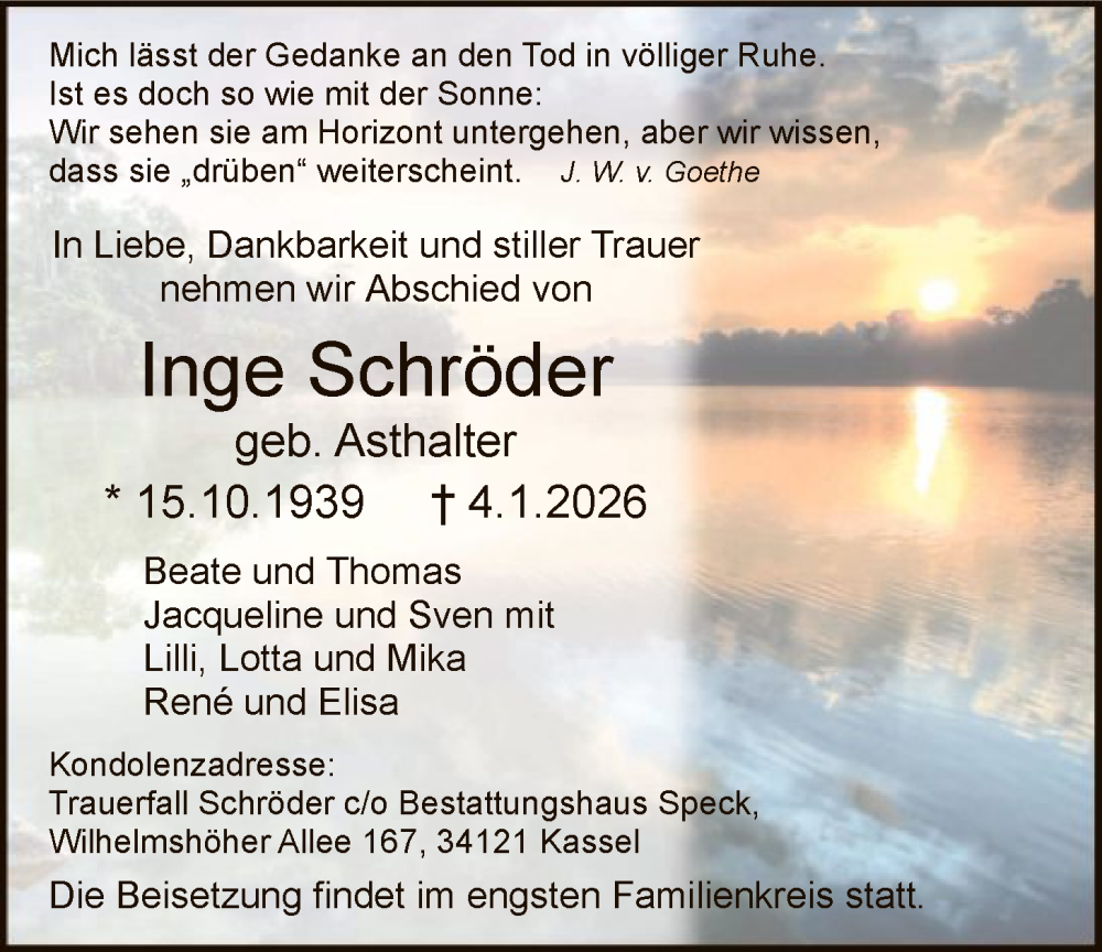  Traueranzeige für Inge Schröder vom 10.01.2026 aus HNA