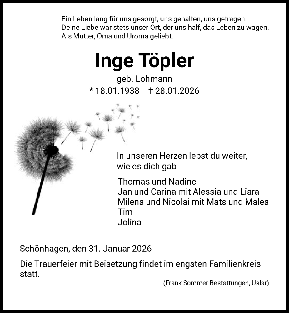  Traueranzeige für Inge Töpler vom 31.01.2026 aus HNA