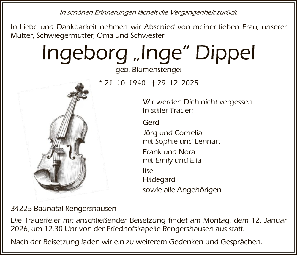  Traueranzeige für Ingeborg Dippel vom 06.01.2026 aus HNA