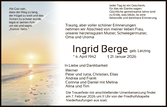 Traueranzeige von Ingrid Berge von HNA