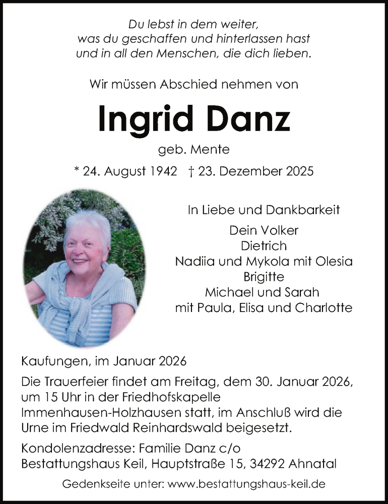  Traueranzeige für Ingrid Danz vom 23.01.2026 aus HNA