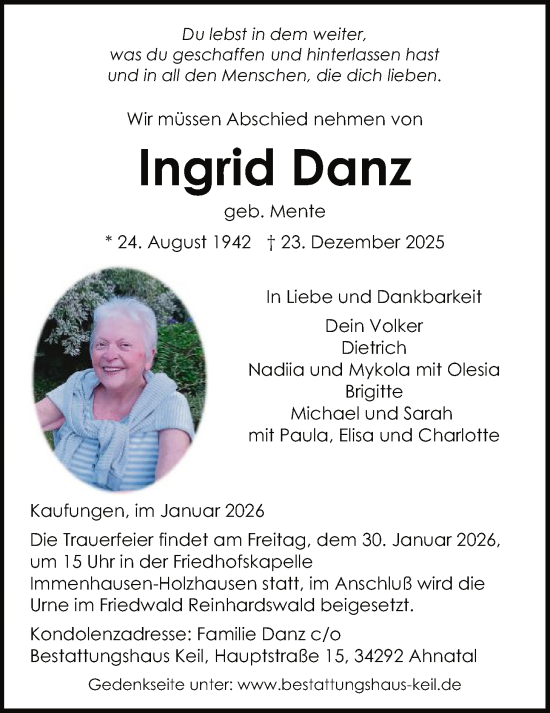 Traueranzeige von Ingrid Danz von HNA