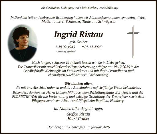 Traueranzeige von Ingrid Ristau von HNA
