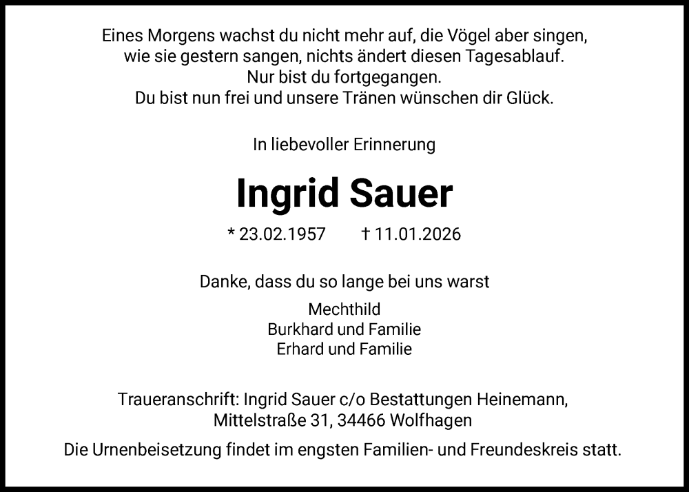  Traueranzeige für Ingrid Sauer vom 17.01.2026 aus HNA