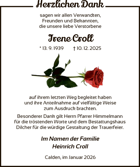 Traueranzeige von Irene Croll von HNA
