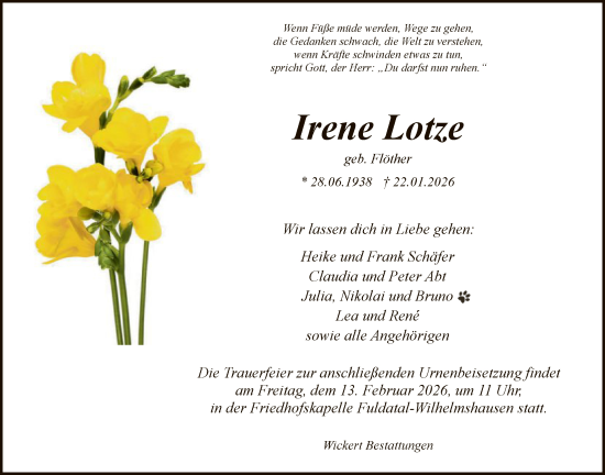 Traueranzeige von Irene Lotze von HNA