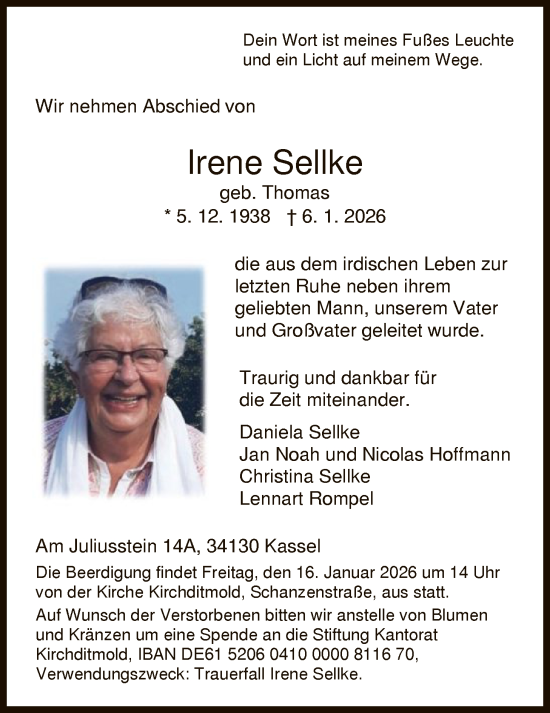 Traueranzeige von Irene Sellke von HNA