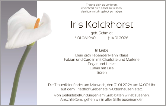 Traueranzeige von Iris Kolckhorst von HNA