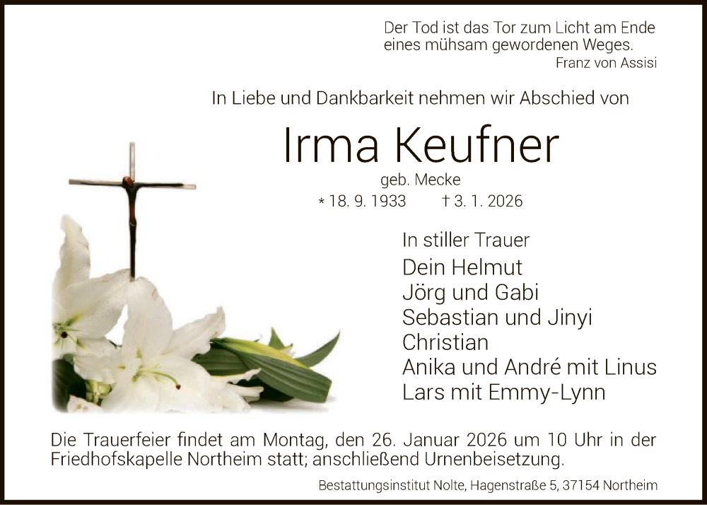  Traueranzeige für Irma Keufner vom 17.01.2026 aus HNA